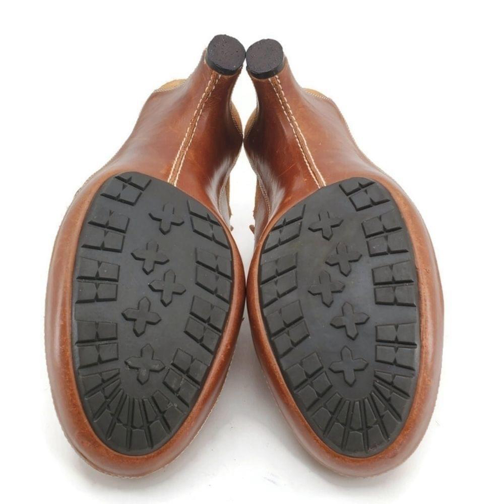 Cole Haan Tan Suede & Brown Leather Gold Buckle Strap Slide-On Mid Heel Mules - Picture 15 of 15